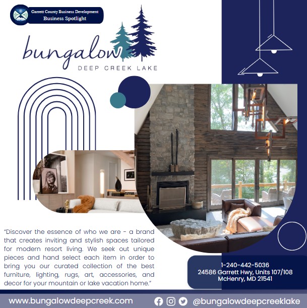 Today's Business Spotlight 📣 is on Bungalow Deep Creek Lake!
Visit them at www.bungalowdeepcreek.com or Bungalow Deep Creek Lake 
Follow us to see more daily Garrett County Business Spotlights!
If you are interested in having your business featured contact Connor Norman at cnorman@garrettcountymd.gov. #businessdevelopment #garrettcountymd 